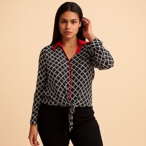 Sharagano Black and Red Geometric Button Down Shirt w/ Red Collar Size Large